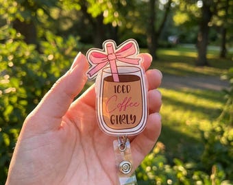 Iced Coffee Girly Badge Reel Retractable, Cute Kawaii Coffee Lover ID Holder Clip, Aesthetic Nurse Gift, Funny Work Lanyard Accessory