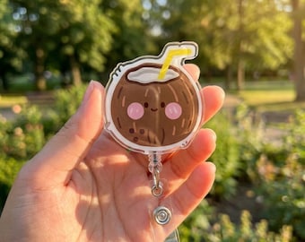 Cute Coconut Drink Badge Reel Retractable, Kawaii Tropical Coconut ID Holder Clip, Summer Beach Nurse Gift, Aesthetic Work Lanyard Accessory