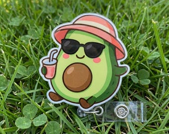 Chill Avocado Badge Reel Retractable ID Holder, Cute Kawaii Relaxed Avocado Nurse Badge Clip, Personalized Aesthetic Fruit Lanyard Accessory