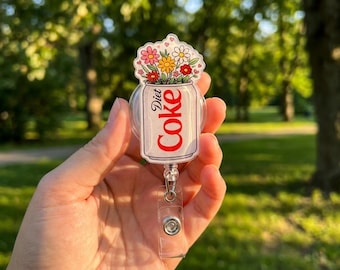 Diet Coke with Flowers Badge Reel, Floral Soda Can Shaker Badge Reel, Acrylic Medical ID Holder, Cute Nurse Badge Clip, Retractable Gift