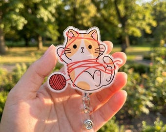 Cute Cat Playing with Yarn Ball Badge Reel Retractable ID Holder, Fun Handmade Work Badge Reel Gift for Nurse, Cat Lover ID Holder