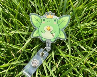 Fairy Frog Badge Reel Retractable ID Holder, Cute Kawaii Magical Frog Nurse Badge Clip, Teacher, Office Staff, Fantasy ID Holder