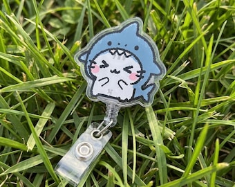 Cute Shark Cat Badge Reel Retractable ID Holder, Kawaii Shark Hoodie Nurse Badge Clip, Funny Animal Work Badge Holder