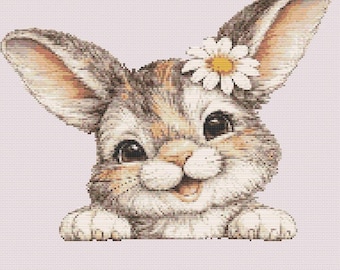 Patrón de punto de cruz de conejito, bordado de conejito bebé, arte floral para habitación infantil (descarga en PDF)