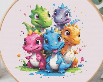 Patrón de punto de cruz de dinosaurio bebé, diseño de bordado de dibujos animados coloridos (descarga en PDF)