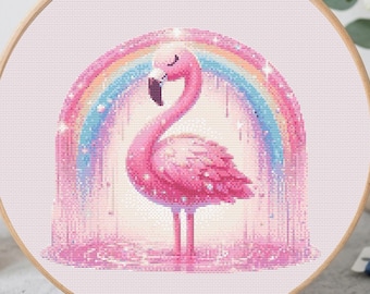 Patrón de punto de cruz de flamenco rosa en PDF, diseño de bordado de ave tropical, gráfico de punto de aguja de flamenco arcoíris, decoración moderna para guardería