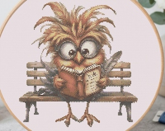 Patrón de punto de cruz de búho leyendo divertido, diseño de bordado de pájaro caprichoso (descarga en PDF)