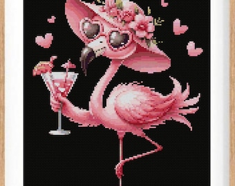 Patrón de punto de cruz de flamenco rosa, diseño de bordado de ave de cóctel tropical (PDF)