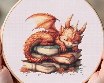 Schema punto croce drago dormiente, ricamo per amanti dei libri fantasy, decorazione da parete in formato PDF