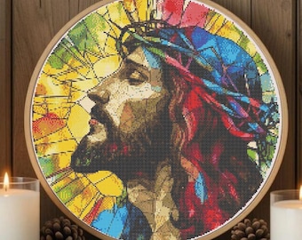 Jesus Stained Glass Cross Stitch Pattern, Mosaic Embroidery Design (PDF Download)