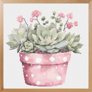 Sappig kruissteekpatroon, borduursel polkadot pot, botanische kunst aan de muur (pdf-download)