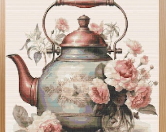 Patrón de punto de cruz de tetera floral, bordado de cocina estilo shabby chic (PDF)