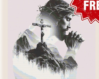 Patrón de punto de cruz de Jesús orando, diseño de bordado de corona de espinas (descarga en PDF)