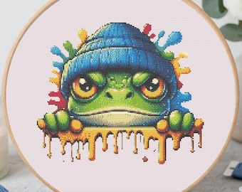 Graffiti Frog Cross Stitch Pattern, Street Art Animal Embroidery (PDF Download)