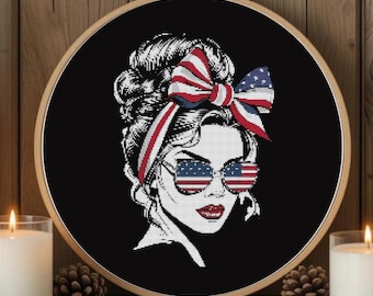 Patriotic Woman Cross Stitch Pattern, American Flag Sunglasses Bandana (PDF Download)