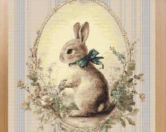 Patrón de punto de cruz de conejito vintage en PDF, bordado de conejo estilo cottagecore, decoración de guardería con temática de bosque (descarga digital)