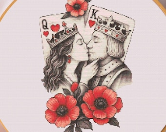 Patrón de punto de cruz de la Reina y el Rey Corazones, Bordado romántico estilo tatuaje (Descarga en PDF)