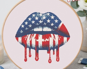 American Flag Lips Cross Stitch Pattern (PDF Download)