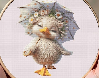 Patrón de punto de cruz de pato con paraguas, diseño de bordado de animales kawaii (PDF)