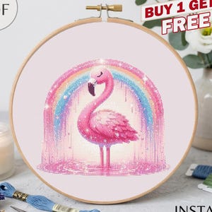 Patrón de punto de cruz de flamenco rosa, bordado de pájaro arcoíris, decoración tropical para habitación infantil (descarga en PDF)