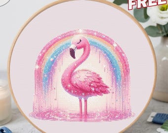 Patrón de punto de cruz de flamenco rosa, bordado de pájaro arcoíris, decoración tropical para habitación infantil (descarga en PDF)