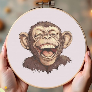 Laughing Monkey Cross Stitch Pattern, Realistic Animal Embroidery Design (PDF)