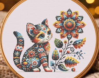 Patrón de punto de cruz de gato mosaico, diseño de bordado de gatito floral mandala (descarga en PDF)