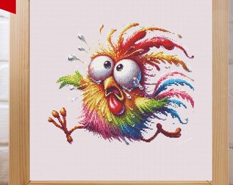 Funny Rainbow Rooster Cross Stitch Pattern, Humorous Farmhouse Needlepoint (PDF Download)
