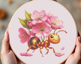 Flower Ant Cross Stitch Pattern, Insect Embroidery Design (PDF Download)