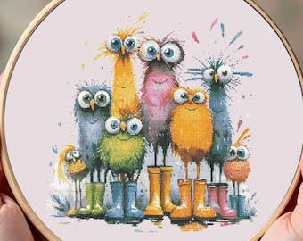 Patrón de punto de cruz de pájaros divertidos con botas de lluvia (descarga en PDF), gráfico de tapicería de animales peculiares