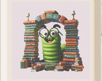 Bookworm Caterpillar Cross Stitch Pattern, Glasses Reading Nook Art (PDF Download)