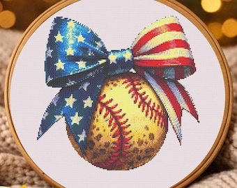 Softball American Flag Bow Cross Stitch Pattern (PDF Download)