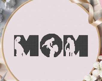 Mom Silhouette Cross Stitch Pattern, Minimalist Black White Art (PDF Download)