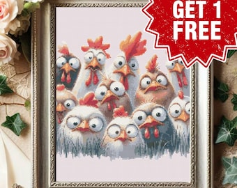 Patrón de punto de cruz de gallina divertida, decoración rústica y original (descarga en PDF)