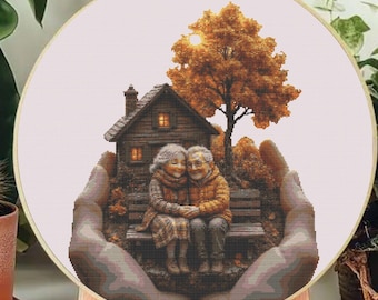 Elderly Couple Cross Stitch Pattern, Anniversary Love Art, Holding Hands Needlepoint (PDF Download)