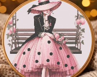 Vintage Lady Cross Stitch Pattern, Pink Polka Dot Dress Embroidery Design (PDF)