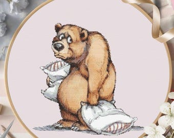 Bear Holding Pillows Cross Stitch Pattern PDF, Nursery Wall Art Embroidery Chart