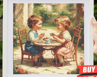 Vintage Children Tea Party Cross Stitch Pattern, Victorian Garden Embroidery Design (PDF Download)
