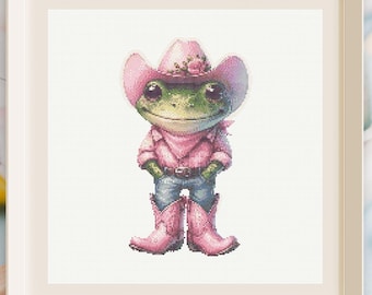 Cowboy Frog Cross Stitch Pattern, Pink Cowgirl Embroidery Design, Cottagecore Wall Art (PDF Download)
