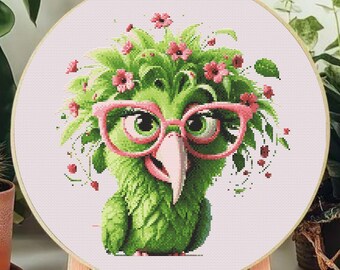 Green Bird with Glasses Cross Stitch Pattern, Floral Needlepoint Design (PDF Download)