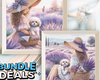 Paquete de patrones de punto de cruz Campos de lavanda, Bordado de perrita y niña, Bordado de verano en la Provenza (Descarga en PDF)