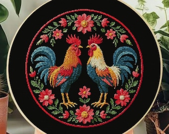 Rooster Floral Cross Stitch Pattern, Rustic Farmhouse Needlepoint PDF
