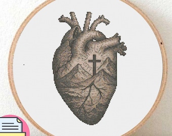 Anatomical Heart Cross Stitch Pattern, Christian Embroidery Design (PDF Download)