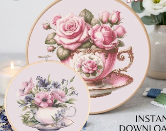Vintage Floral Teacup Cross Stitch Pattern, Pink Roses Bouquet Embroidery (PDF Download)