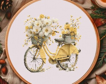 Vintage Floral Bicycle Cross Stitch Pattern, Cottagecore Embroidery PDF, Rustic Spring Wall Art