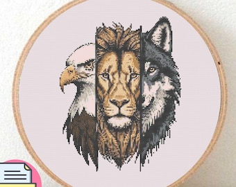 Lion Wolf Eagle Cross Stitch Pattern, Spirit Animal Embroidery Design (PDF Download)