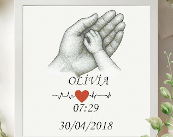 Custom Baby Birth Cross Stitch Pattern, Personalized Name Date Design, Mother And Child Embroidery, Keepsake Gift PDF Download