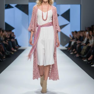 Puede incluir: Una mujer con un vestido blanco, un cárdigan largo de color rosa empolvado y calado, y un cinturón multicolor. También lleva un collar a juego y botines color beige. La modelo camina por una pasarela blanca.