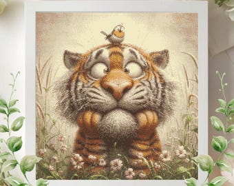 Patrón de punto de cruz de tigre y pájaro divertido, diseño de bordado de cachorro sorprendido (descarga en PDF)