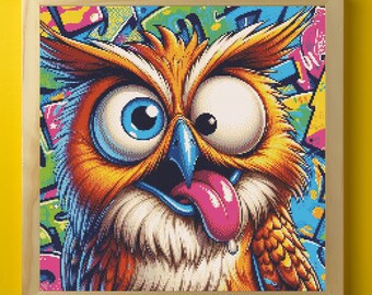 Funny Cartoon Owl Cross Stitch Pattern, Pop Art Needlepoint Design (PDF Download)